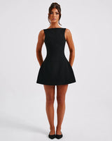 Alana black boat neck A-line mini dress – studio front