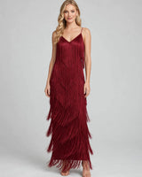 Alina wine red layered fringe maxi dress — studio front