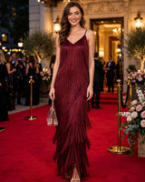Alina wine red layered fringe maxi dress — red carpet