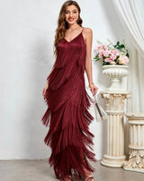 Alina wine red layered fringe maxi dress — front view