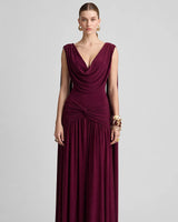 Amelisse burgundy cowl maxi dress front view on model