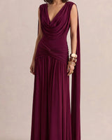 Amelisse burgundy cowl maxi dress supplier front view