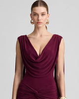 Close-up of the draped cowl plunge neckline