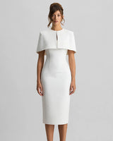Baylor white cape midi dress front view on model