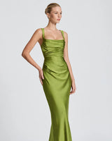 Calanthe olive satin ruched maxi dress – studio front