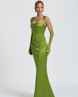 Calanthe olive satin maxi dress – front view