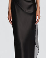 Diagonal hip drape swag detail in black satin