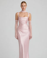 Calanthe satin ruched maxi dress in blush, front view on model