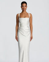 Calanthe ivory satin ruched maxi dress with square neckline – studio front