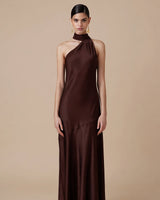 Cara brown matte satin high-neck maxi dress front view on model