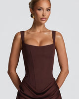Square neckline and wide straps detail of the plum brown corset dress