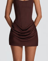 Boned corset bodice with seam detail in plum brown