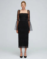 Cara black polka-dot mesh bell-sleeve midi dress — studio front