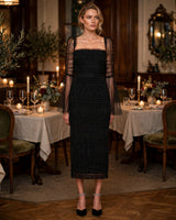 Cara black polka-dot mesh bell-sleeve midi dress — candlelit dinner