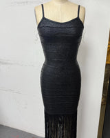 Demi black fringe-hem bandage maxi dress — product front