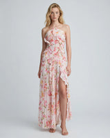 Elisa pink floral pleated ruffle maxi dress — studio front