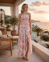 Elisa pink floral pleated ruffle maxi dress — resort terrace