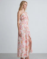 Elisa pink floral pleated ruffle maxi dress — studio side view