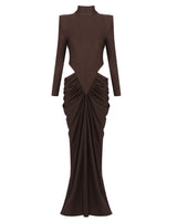 Elise coffee brown high-neck cut-out maxi dress — product front view