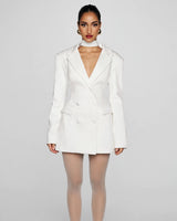 Elvira double-breasted blazer mini dress in ivory, front view on model