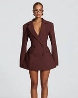 Elvira double-breasted blazer mini dress in plum brown, front view on model