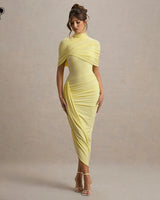 Enchant lemon twisted cape midi dress supplier front view