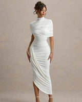 Enchant white twisted cape midi dress supplier front view