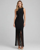 Enya gold-bead collar fringe bandage maxi dress, black, front view on model
