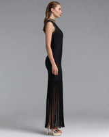 Enya gold-bead collar fringe bandage maxi dress, side view