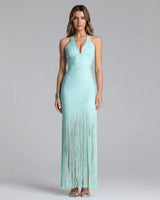 Evie mint deep-V fringe bandage maxi dress front view studio