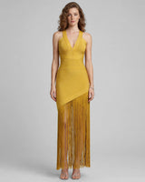 Evie yellow deep-V fringe bandage maxi dress front view studio