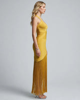 Evie yellow deep-V fringe bandage maxi dress side view