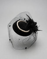 Faye black pearl feather veil fascinator — studio
