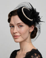 Faye black pearl feather veil fascinator — worn