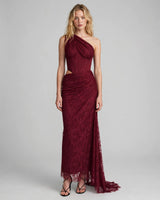 Faye burgundy one-shoulder ruched lace maxi dress — studio front