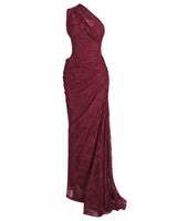 Faye burgundy one-shoulder ruched lace maxi dress — product view