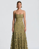 Francis floral jacquard maxi dress in sage, front view on model