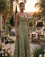 Francis sage floral maxi dress worn at a garden wedding venue