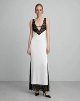 Greta white lace-panel deep-V maxi dress — studio front