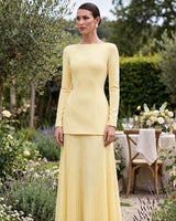 Hadley lemon boat neck maxi dress worn at a garden party