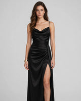 Helen black cowl neck satin slit maxi dress, front studio view