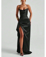 Helen black satin maxi dress, supplier front view