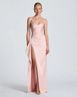 Helen blush cowl neck satin maxi dress, front studio view