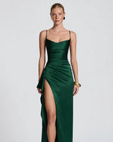 Helen emerald satin maxi dress with cowl neckline and draped slit – studio front