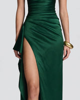 Ruched pleated satin waist detail in emerald