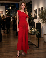 Aria red asymmetric shoulder pleated midi dress — gallery evening