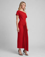 Aria red asymmetric shoulder pleated midi dress — studio side view