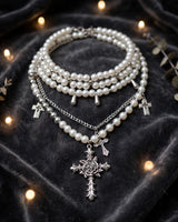 Juliet layered pearl cross necklace — on velvet