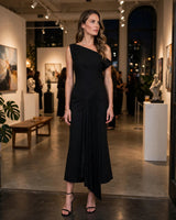 Aria black asymmetric shoulder pleated midi dress — gallery night