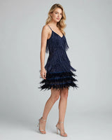 Kira navy sequin fringe feather mini dress — studio side view